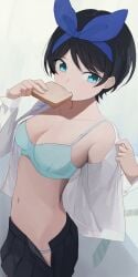 1girls bare_shoulders belly belly_button black_hair blue_bra blue_eyes blue_panties blue_ribbon blue_underwear blush bra bread collarbone cute eating female female_focus female_only hair_ribbon hand_up kanojo_okarishimasu looking_at_viewer medium_breasts panties sarashina_ruka short_hair shoulders simple_background skirt skirt_removed slender_body slender_waist slim_girl slim_waist soft_shading solo standing student taking_clothes_off teenager thin_waist tie underwear undressing white_background white_shirt yyqw7151