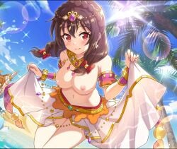 1girls arabian_clothes beach belly belly_button big_breasts blue_sky blush blush_lines breasts brown_hair cloud clouds crown_braid earrings female female_only gold_jewelry hair_between_eyes hair_on_breasts hair_ornament hair_over_shoulder hair_ribbon hairbow happy happy_female kono_subarashii_sekai_ni_shukufuku_wo! large_breasts looking_at_viewer low_twintails marusankaku_neo medium_hair no_bra ocean outdoors palm_tree raided_hair red_eyes red_ribbon sky sun sunlight thick_thighs thighs topless topless_female twintails water yunyun_(konosuba)