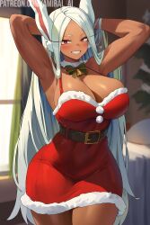 1girls ai_generated amiral_ai armpits bare_arms bare_shoulders big_breasts bunny_ears bunny_girl christmas christmas_outfit clothed clothing color dark-skinned_female dark_skin female female_focus female_only hi_res large_breasts long_hair miruko my_hero_academia presenting_armpit red_eyes rumi_usagiyama solo solo_female tagme white_hair