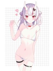 :3 double_bun flat_chest heart hololive hololive_gen_2 hololive_japan looking_at_viewer nakiri_ayame petite pulling_bikini_string seductive small_breasts thigh_strap thong thong_bikini undressing virtual_youtuber