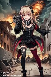 ai_generated aiming_at_viewer armband black_jacket blush building cleavage evil_smile explosion fire full_body girls'_frontline gumi_arts gun headgear holding_weapon looking_at_viewer m4_sopmod_ii_(girls'_frontline) medium_breasts night_sky open_mouth pov red_eyes ruins running scarf skirt stable_diffusion thighhighs torn_clothes