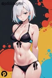 ai_generated arms_behind_back bare_shoulders bikini black_bikini breasts cleavage closed_mouth collarbone cowboy_shot female fiona_frost front-tie_bikini_top front-tie_top hair_over_one_eye halterneck looking_at_viewer medium_breasts multicolored_hair navel nightfall_(spy_x_family) pikkiwynn short_hair side-tie_bikini_bottom solo spy_x_family stomach swimsuit white_hair