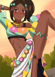 1girls absurdres arm_behind_head ass_visible_through_thighs bare_legs bare_midriff bare_thighs blush bracelet breasts brown_hair censored circlet crop_top dark-skinned_female dark_skin embarrassed eyeshadow female female_only female_pubic_hair fire_emblem fire_emblem_engage forest highres jewelry leg_up legs long_hair looking_at_viewer makeup medium_hair midriff naaru nalu_(artist) navel nintendo no_panties outdoors pearl_belt pearl_bracelet pink_eyeshadow ponytail pubic_hair pussy red_eyes shorts side_ponytail skirt small_breasts smile solo spread_legs star-shaped_pupils star_(symbol) sunset symbol-shaped_pupils thighlet thighs timerra_(fire_emblem) tree upskirt