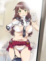 1girls 2016 between_breasts bikini brown_hair cellphone clothes_lift female female_focus female_only garter_straps glove_in_mouth gloves iphone kantai_collection large_breasts long_hair looking_at_mirror looking_at_viewer mirror mouth_hold necktie necktie_between_breasts noshiro_(kantai_collection) phone reflection sameha_ikuya selfie shirt_lift solo solo_female thick_thighs thigh_gap thighhigh twin_braids underboob white_bikini white_gloves