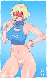 1girls armpits blonde_hair bottomless breasts evie_(fortnite) fortnite iisfernado pussy red-tinted_eyewear short_hair solo summitseeker_evie_(fortnite) tagme tinted_eyewear visor