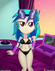 1girls black_bra black_panties black_underwear blue_hair boobs bra breasts dieart77 equestria_girls female female_only glasses glasses_on_head headphones medium_breasts medium_hair my_little_pony panties pink_eyes solo solo_female two_tone_hair underwear vinyl_scratch_(mlp)