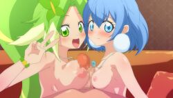 2girls asymmetrical_docking blue_eyes blue_hair breast_press breasts butterfly_hair_ornament couch embarrassed green_eyes green_hair hair_ornament high_ponytail highres jewelpet jewelpet_(series) jewelpet_magical_change jewelry large_breasts larimer long_hair medium_breasts multicolored_hair multiple_girls non-web_source parted_bangs pendant penis peridot_(jewelpet) press sanrio sega sega_toys short_hair smile teiputi two-tone_hair v very_long_hair