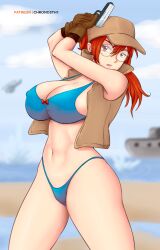 ass big_ass big_breasts big_butt bikini breasts butt chest deviantart fanbox_reward fio_germi gummslime gumroad gun looking_at_viewer metal_slug patreon swimsuit swimwear swimwear_only