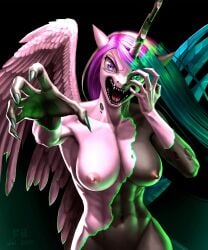 5_fingers abs alicorn anthro arthropod black_body black_skin breasts changeling disguise equid equine feathered_wings feathers female fingers friendship_is_magic green_eyes hasbro horn murskme my_little_pony navel nipples nude open_mouth pink_body pink_eyes pink_feathers pink_skin princess_cadance_(mlp) queen_chrysalis_(mlp) sharp_teeth solo teeth tongue transformation wings