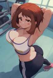 ai_generated brown_eyes brown_hair butt_crack cleavage crop_top from_above gym_uniform krystalizedart large_ass large_breasts messy_hair my_hero_academia ochako_uraraka smirk sweat tagme thick_thighs workout workout_clothes