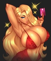 1girls beauty_mark big_breasts bimbo blonde_hair card credit_card daphne_(babie_fluff) daphne_dress dress female female_focus female_only holding_card huge_breasts kolgaart looking_at_viewer mature_female red_dress revealing_clothes solo_female voluptuous voluptuous_female