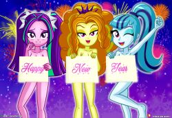 3girls adagio_dazzle aria_blaze blue_hair blue_skin covering curly_hair dieart77 equestria_girls female female_only friendship_is_magic happy_new_year hasbro long_hair multiple_girls my_little_pony orange_hair pink_skin ponytail purple_eyes purple_hair sign sonata_dusk strategically_covered the_dazzlings trio_female twintails yellow_skin