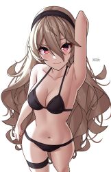 1girls absurdres alternate_costume artist_name bikini black_bikini black_hairband blush breasts cleavage collarbone corrin_(female)_(fire_emblem) corrin_(fire_emblem) corrin_(fire_emblem)_(female) corrin_(summer)_(fire_emblem)_(female) female female_only fire_emblem fire_emblem_fates fire_emblem_heroes grey_hair hair_between_eyes hairband highres long_hair looking_at_viewer medium_breasts navel nintendo official_alternate_costume pointy_ears red_eyes simple_background solo swimsuit thighs white_background x_xith_x