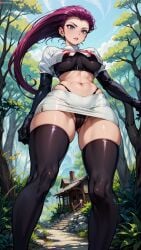 ai_generated ai_hands blue_eyes breasts cabin cameltoe crop_top earrings forest from from_below gloves highleg_panties jessie_(pokemon) marusame outside pokemon purple_hair stable_diffusion stairs team_rocket team_rocket_uniform thighhighs thong underboob upskirt