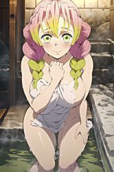 ai_generated bath bathhouse big_breasts blush demon_slayer female female_only green_eyes hand_on_chest kanroji_mitsuri kimetsu_no_yaiba legs_in_water looking_at_viewer nude nude_female onsen pink_hair thick_thighs thighs towel towel_only wet wet_body