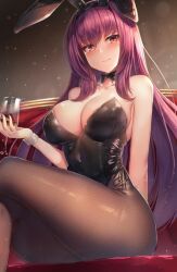 blush bunny_ears bunnysuit busty colored_background detached_collar detached_cuffs fate/grand_order fate_(series) female_focus fishnet_stockings purple_eyes purple_hair scathach_(fate) white_wine wine_glass