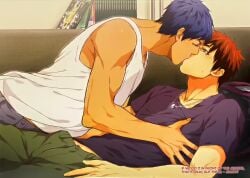 2boys aomine_daiki blue_hair clothed daiki_aomine dialogue english_text gay grabbing kagami_taiga kissing kuroko's_basketball kuroko_no_basuke male male/male male_only necklace red_hair romantic sofa tagme taiga_kagami yaoi zawar379