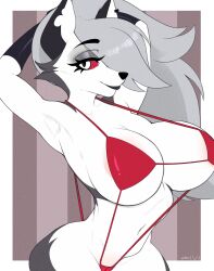 2023 ader441 anthro armpits arms_up bikini breasts brown_background canine cleavage female female_focus female_only furry gray_hair grey_hair hair_over_one_eye helluva_boss long_gloves loona_(helluva_boss) red_bikini red_eyes swimsuit thick_thighs thighs vivienne_medrano white_border white_eyes white_fur wide_hips wolf