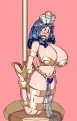 arms_behind_back ball_gag blue_hair blush bondage captain_kirb drool glasses gold_(metal) hair_ornament high_heels huge_breasts large_breasts little_witch_academia midriff on_knees shantae_(cosplay) stripper_pole thick_thighs ursula_callistis