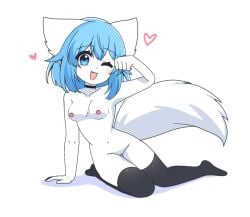 black_thighhighs blue_eyes blue_hair breasts edit female heart nude one_eye_closed tagme thighhighs white_fur wink winking_at_viewer wolfychu youtube youtuber