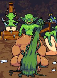 anal baldur_89 blue_hair blue_skin cum cum_in_pussy cum_inside defeated defeated_heroine doggy_style female gangbang goblin goblin_male green_hair green_skin grin humiliation mating_press mounted_from_behind multiple_boys multiple_girls pixel_art rape semen sex smegma smile sorceress straight submissive tied_up warrior