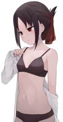 1girls adjusting_bra bare_arms bare_shoulders belly belly_button black_bra black_hair black_panties black_underwear blush bra collarbone embarrassed female female_focus female_only forehead hair_ribbon hand_up holding_bra kaguya-sama_wa_kokurasetai_~tensai-tachi_no_renai_zunousen~ looking_down open_mouth panties petite red_eyes shinomiya_kaguya shy simple_background slender_body slender_waist slim_girl slim_waist small_breasts standing student teenager thighs thin_waist underwear undressing white_background white_shirt yyqw7151