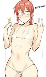 1girls bare_arms bare_shoulders bikini blush embarrassed female female_only female_pubic_hair flat_chest glasses groin hands_up kobayashi kobayashi-san_chi_no_maidragon long_hair looking_at_viewer micro_bikini miss_kobayashi's_dragon_maid mm_(yoromu) navel pubic_hair pubic_hair_peek red_eyes red_hair simple_background solo solo_female stomach swimsuit tied_hair true_flat_chest v white_bikini wide_hips