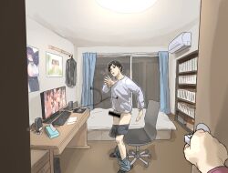 1boy bar_censor bed bedroom black_eyes black_hair bookshelf boxers caught censored chair clothes_rack commentary computer earbuds earphones english_commentary erection female glass_door hand_up indoors jamiroquai keyboard_(computer) long_sleeves looking_at_viewer male male_underwear mashima_jirou meme monitor motion_blur night office_chair open_mouth opening_door original pants_around_ankles parody partially_undressed pornography pose_imitation poster_(object) pov pov_hands reflection shirt short_hair sliding_doors smile standing swivel_chair tissue_box underwear virtual_insanity_(song) walk-in watching_porn white_shirt wide_shot