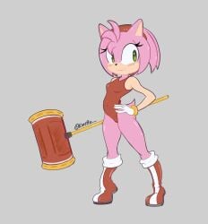 amy_rose blush boots bracelet cameltoe clothing female footwear furry gloves hairband hammer hand_on_hip handwear kuretto leotard navel sega sonic_(series) weapon