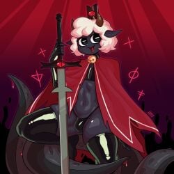 1boy anthro black_eyes black_thighhighs bulge cape caprine cult_of_the_lamb hi_res horizontal_pupils horns lamb_(cult_of_the_lamb) loggus_doggus looking_at_viewer male male_only neck_bell red_crown_(cult_of_the_lamb) smiling smiling_at_viewer solo sword tentacle tentacle thick_thighs thigh_squish thighhighs thong white_hair