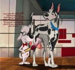 20th_century_fox 20th_century_studios anatomically_correct anatomically_correct_genitalia anatomically_correct_penis animal_genitalia anthro balls bashful beagle blush bodily_fluids bow_tie canid canine canis collar denali_dane dialogue domestic_dog dreamworks dreamworks_animation dripping duo feral genital_fluids genitals great_dane hi_res holidaypup hunting_dog jay_ward_productions knot male male/male mammal mastiff molosser mr._peabody mr._peabody_and_sherman penis penis_tip penthouse precum precum_drip precum_on_ground precum_on_penis rocky_and_bullwinkle ruler scent_hound sheath shy