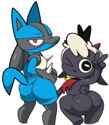 2boys ass big_ass big_butt black_eyes blue_fur crossover cult_of_the_lamb fat_ass fat_butt horns huge_ass huge_butt lamb lamb_(cult_of_the_lamb) looking_at_viewer looking_back looking_back_at_viewer lucario male male_only peace_sign pokemon pokemon_(species) red_eyes tail thick_ass thick_butt vilepluff white_wool wink winking_at_viewer