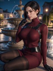 ada_wong ai_generated black_hair capcom fountain gloves perky_breasts resident_evil resident_evil_4 resident_evil_4_remake