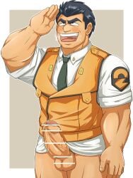 1boy absurdres bar_censor bara black_hair black_necktie black_pants blush censored collared_shirt erection foreskin highres looking_up male_focus muscular necktie no_pants nomado_(nomayakko) nomadonoama1 oota_isao open_mouth orange_vest pants patlabor penis police precum salute shirt short_hair short_sleeves simple_background smile solo standing steaming_body sweatdrop tan_background thick_eyebrows uniform upper_body veins veiny_penis vest white_background white_shirt