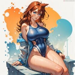 ai_generated big_breasts competition_swimsuit kasumi_(pokemon) medium_hair misty_(pokemon_hgss) orange_eyes orange_hair pokemon sitting skizzen swimsuit thin_waist wide_hips