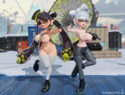 2girls 3d 3d_(artwork) antidotetrl big_ass big_breasts bottomwear callie_(splatoon) casual casual_nudity female female_only marie_(splatoon) marie_(wo262) nintendo nude splatoon splatoon_3 squid_sisters teasing topless