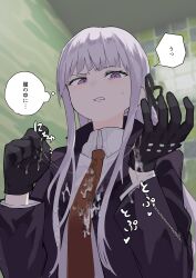 absurdres black_gloves black_ribbon blurry blurry_background brown_necktie collared_shirt cum_on_gloves danganronpa danganronpa:_trigger_happy_havoc danganronpa_(series) disgust female gloves hair_ribbon hands_up highres jacket kirigiri_kyouko long_sleeves necktie pink_eyes purple_jacket ribbon samidare_(hoshi) shirt solo speech_bubble teeth thought_bubble translated unamused white_shirt