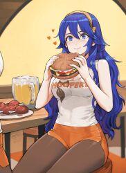 2girls alternate_costume beer_mug blue_eyes blue_hair blush brand_name_imitation breasts brown_legwear burger chicken_(food) cleavage closed_mouth commentary commission cowboy_shot crossover cup eating eyelashes female female_only fire_emblem fire_emblem_awakening food hair_between_eyes hairband heart highres holding holding_food hooters jun_(seojh1029) long_hair lucina_(fire_emblem) medium_breasts mug multiple_girls nintendo orange_shorts pantyhose plate short_shorts shorts sitting skeb_commission sleeveless smile solo_focus stool symbol-shaped_pupils table tank_top taut_clothes thighs wavy_hair white_tank_top