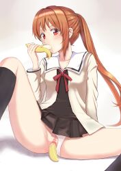 10s 1girls aho_girl banana bar_censor blush censored chuchuchiyu eyebrows hanabatake_yoshiko happy highres long_hair looking_at_viewer masturbation open_mouth panties panties_aside pussy red_eyes red_hair shiny shiny_hair shiny_skin solo spread_legs underwear vaginal_penetration very_long_hair