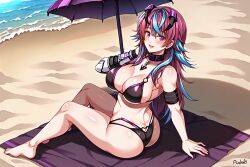 1girls ai_generated ass beach big_breasts bikini breasts emikukis latam_virtual_youtuber long_hair multicolored_hair public tagme thighs virtual_youtuber vtuber