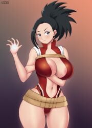 big_breasts deviantart fanbox_reward gummslime gumroad hero_outfit_(mha) leotard leotard_shorts looking_at_viewer momo_yaoyorozu patreon tagme tied_hair yaoyorozu_momo