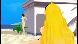 2girls 3d 3d_(artwork) animated beach beach_chair beach_shower black_hair black_hair_female blake_belladonna blonde_female blonde_hair breasts canon_couple casual casual_nudity cat_ears completely_nude completely_nude_female faunus female female_masturbation female_only fingering_pussy human long_hair long_hair_female loop looping_animation masturbating_to_person masturbation mechanical_arm naked_footwear naked_sandals navel nipples nude_beach nude_female nudist nudist_beach pale_skin pierced_nipples public robotic_arm rwby sandals short_hair short_hair_female shower showering sitting sound tagme theblackbirdcalls video watching yang_xiao_long yuri