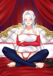 1girls alternate_costume bare_shoulders black_bra black_nails bra breasts bridal_gauntlets commission edelgard_von_hresvelg feet female female female_only fire_emblem fire_emblem:_three_houses highres holding holding_pillow igni_tion indian_style large_breasts lingerie long_hair nail_polish nintendo on_bed open_mouth panties pillow purple_eyes red_bridal_gauntlets red_panties sitting solo toenail_polish toenails toes underwear unworn_bra white_hair