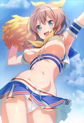 areolae bang_dream! blue_eyes blue_skirt blush breasts brown_hair cheerleader commission cowboy_shot female hair_ribbon navel nipples open_mouth panties pom_pom_(cheerleading) ribbon shiny shiny_skin skeb_commission skirt solo stomach underboob underskirt underwear white_panties yamabuki_saaya yellow_ribbon