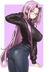 1girls ass breasts bubble_butt clothed dat_ass ebora fate/grand_order fate/stay_night fate_(series) female glasses hi_res huge_ass huge_breasts jeans light-skinned_female light_skin long_hair long_sleeves medusa_(fate) purple_eyes purple_hair youngmanisdown