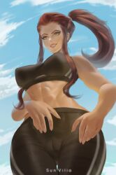 1girls 2d artist_name big_breasts brigitte brown_hair cameltoe clothed clothing female female_only fully_clothed human light-skinned_female light_skin long_hair low-angle_view overwatch ponytail solo standing sunvilia thick_thighs thigh_gap wide_hips workout_clothes