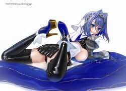 1girls blue_eyes blue_hair breasts greatodoggo high_heels hololive hololive_english hololive_english_-council- hololive_english_-promise- light-skinned_female looking_at_viewer looking_back lying lying_on_stomach on_stomach ouro_kronii panties the_pose thighhighs virtual_youtuber