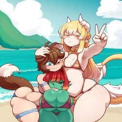 1girls 2boys animal_ears ass beach bikini blonde_hair blue_eyes blue_sky blush breasts brown_hair cleavage closed_mouth clothing cloud collar colored_skin cow_girl cow_tail daidaikon day dragon_boy expressionless female femboy gab'ha goblin goblin_female green_skin hair_between_eyes height_difference horns hug huge_ass huge_breasts inuko_jun lai-sa_sol large_breasts long_hair looking_at_viewer micro_bikini navel ocean one_eye_closed orange_eyes original original_character otoko_no_ko outdoors plump red_bikini red_eyes red_hair sand short_hair shortstack skindentation sky small_breasts smile striped swimsuit tail the_yeager thick_thighs thighs v water wholesome wide_hips yellow_eyes