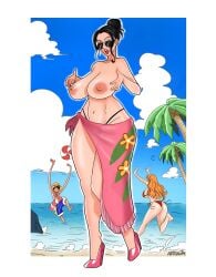 1boy 2girls astraph big_breasts black_hair curvy_body curvy_female female glasses high_heels male monkey_d_luffy nami nico_robin nipples one_piece post-timeskip sarong sunglasses