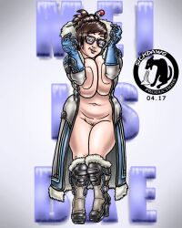 2017 areolae big_breasts blizzard_entertainment boots breasts brown_eyes brown_hair busty chubby chubby_female clitoris coat coat_only female female_focus female_only full_body glasses gloves hourglass_figure large_breasts long_hair mei_(overwatch) navel nerd nerdy_female overwatch overwatch_2 pussy reuterworld shaved_pussy standing tagme tied_hair vagina wide_hips